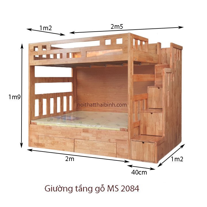 Kích thước giường tầng gỗ đẹp Giường tầng gỗ đẹp MS 2084