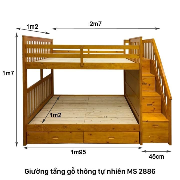 Kích thước giường tầng gỗ tự nhiên cho bé Giường tầng gỗ tự nhiên MS 2886