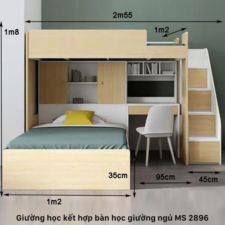 Kích thước giường tầng kết hợp bàn học giường ngủ