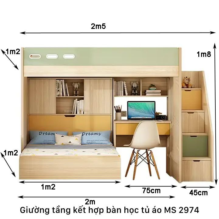 Giường tầng kết hợp tủ quần áo và bàn học MS 2974