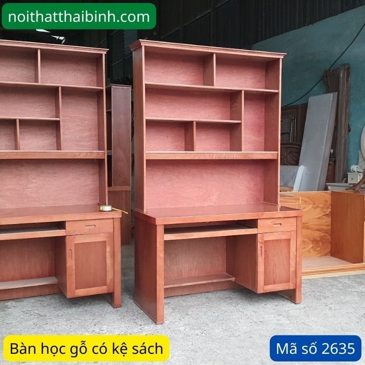 Bàn học có giá sách bằng gỗ Bàn học gỗ có kệ sách MS 2635 - góc nghiêng