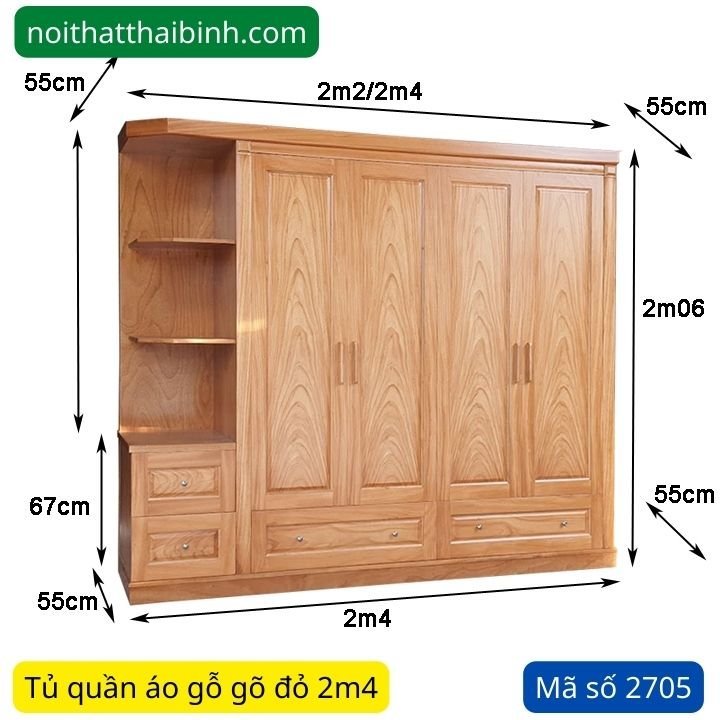 Kích thước tủ quần áo gỗ gõ đỏ 2m4