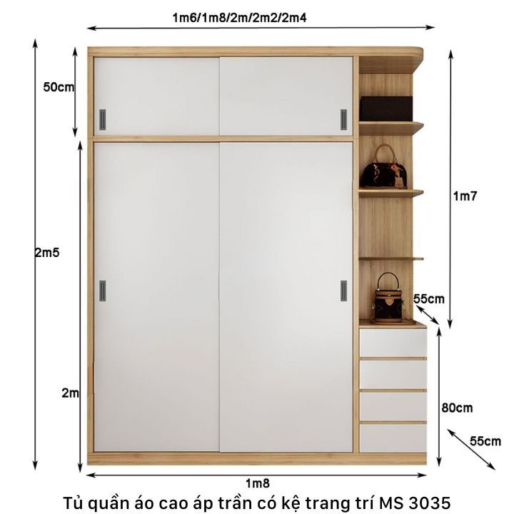 Kích thước tủ quần áo 2 tầng có kệ trang trí