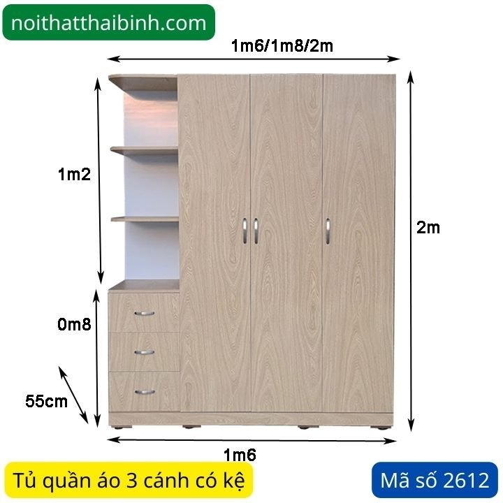 Kích thước tủ quần áo 3 cánh có kệ