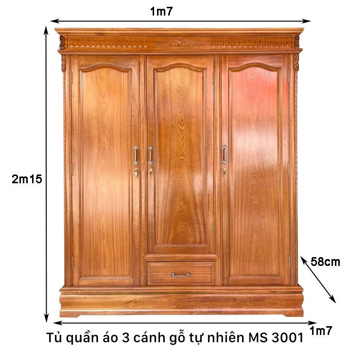 Kích thước tủ quần áo 3 cánh gỗ tự nhiên Tủ quần áo 3 cánh gỗ tự nhiên MS 3001