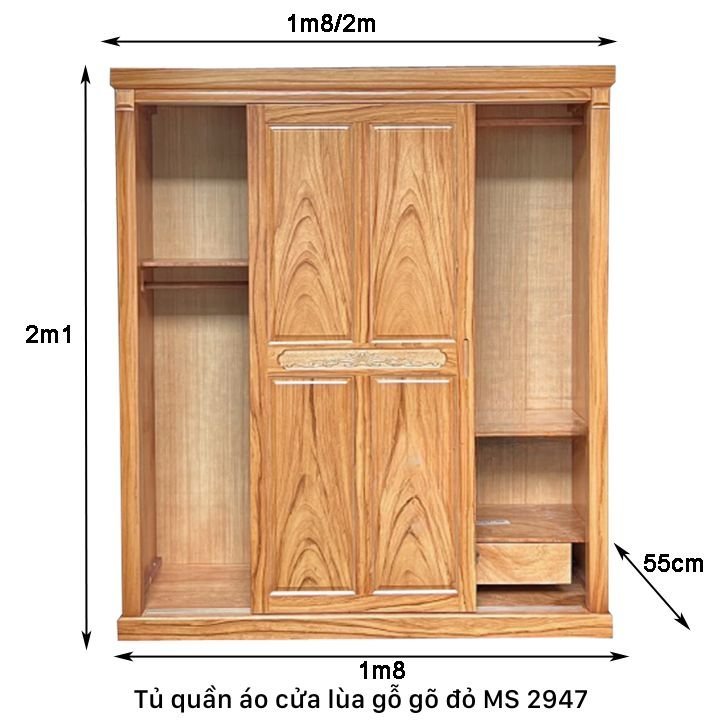 Kích thước tủ quần áo cửa lùa gỗ gõ đỏ Tủ quần áo cửa lùa gỗ tự nhiên vân gõ MS 2947