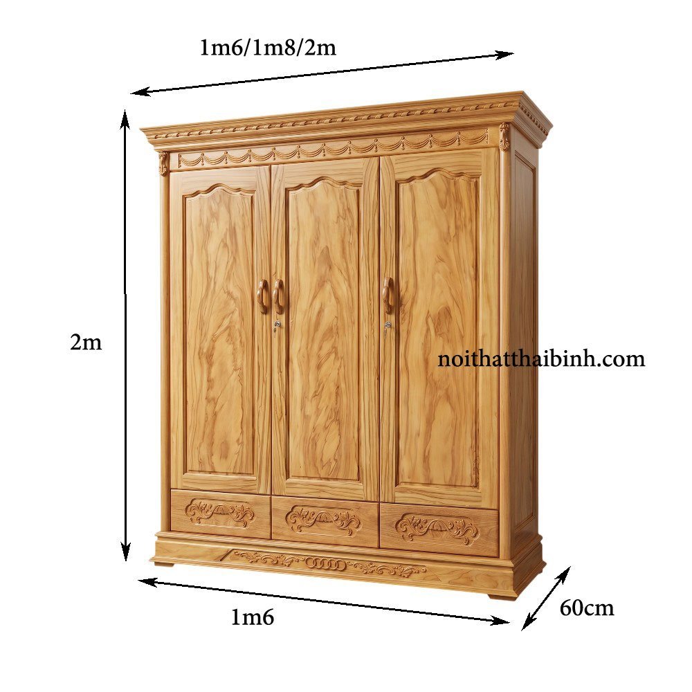 Tủ quần áo gỗ gõ đỏ 3 cánh - góc nghiêng