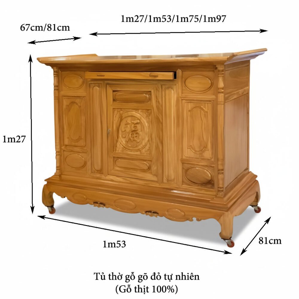 Tủ Thờ Gỗ Gõ Đỏ Tự Nhiên Chạm Chữ Phúc MS 3347 - chi tiết vân gỗ tự nhiên