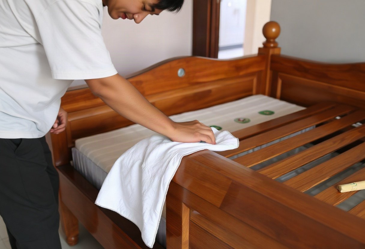 Làm sạch giường gỗ đuôi công bằng khăn mềm