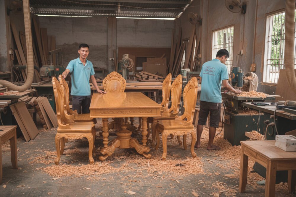 Bàn ăn chân sư tử gỗ gõ đỏ mặt liền tấm cao cấp
