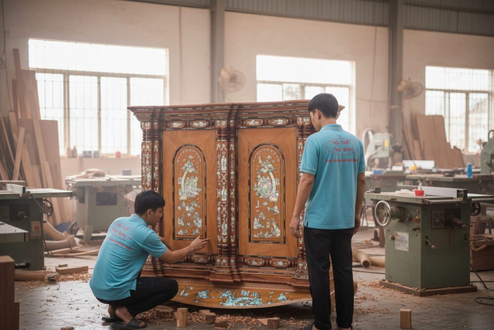 Tủ thờ gỗ căm xe gõ đỏ 9 trụ khảm xà cừ MS 3332
