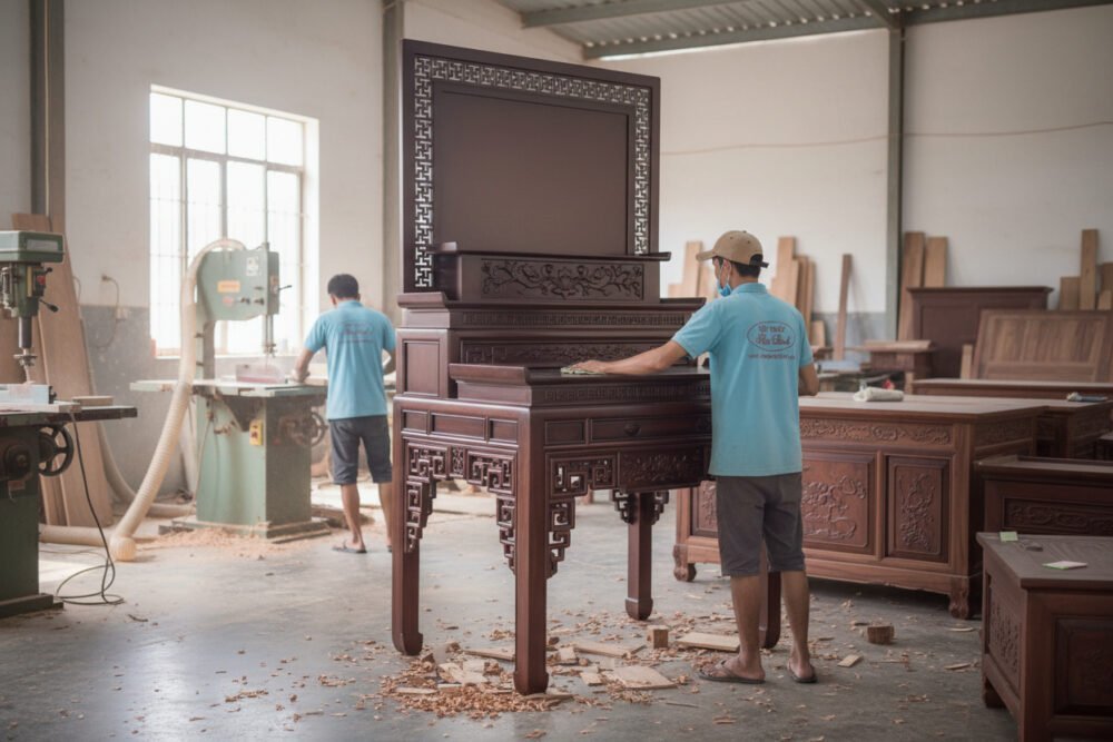 Bàn thờ gỗ 3 tầng sơn màu óc chó sang trọng