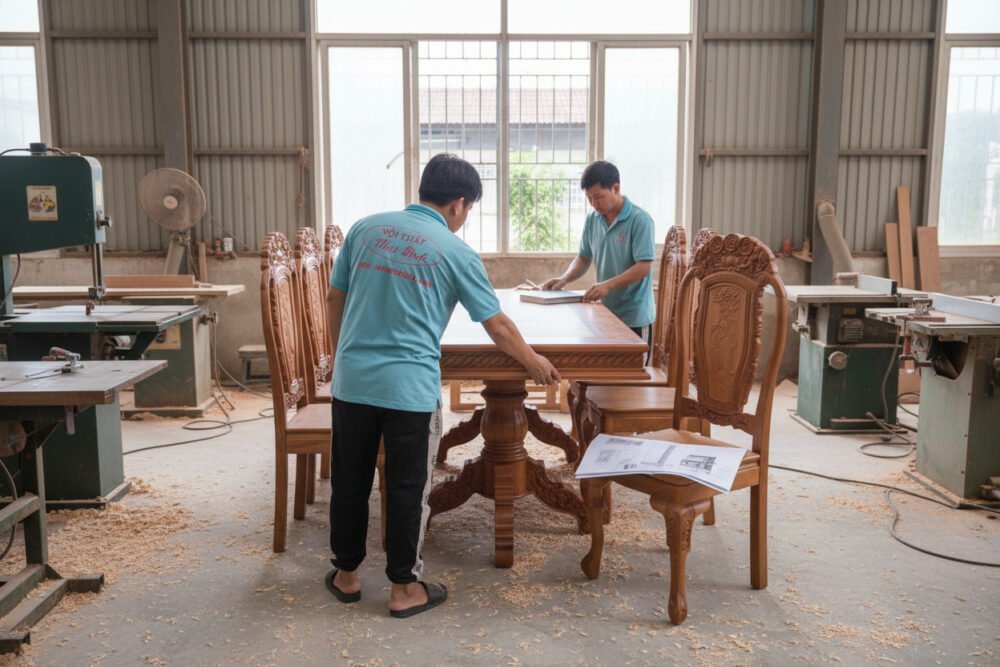 Bộ bàn ăn gỗ căm xe 8 ghế MS 3322 - kỹ thuật đóng mộng chắc chắn