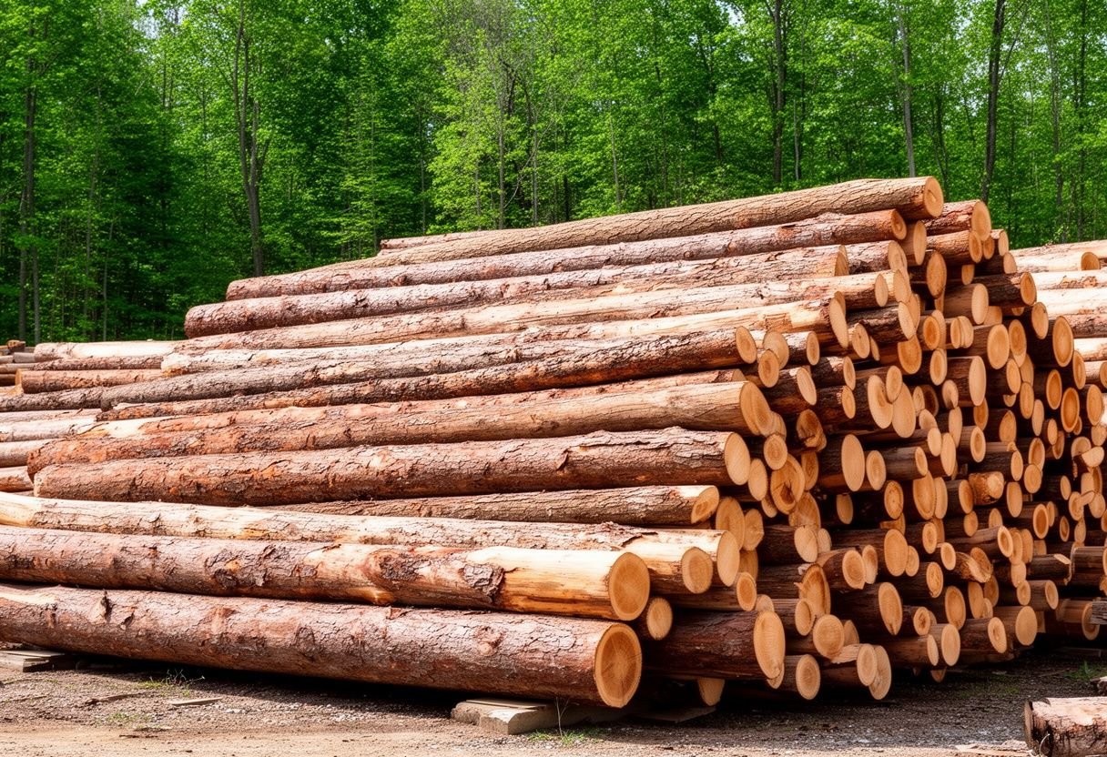 Khúc gỗ tự nhiên tròn xếp đống ngoài bãi gỗ ven rừng