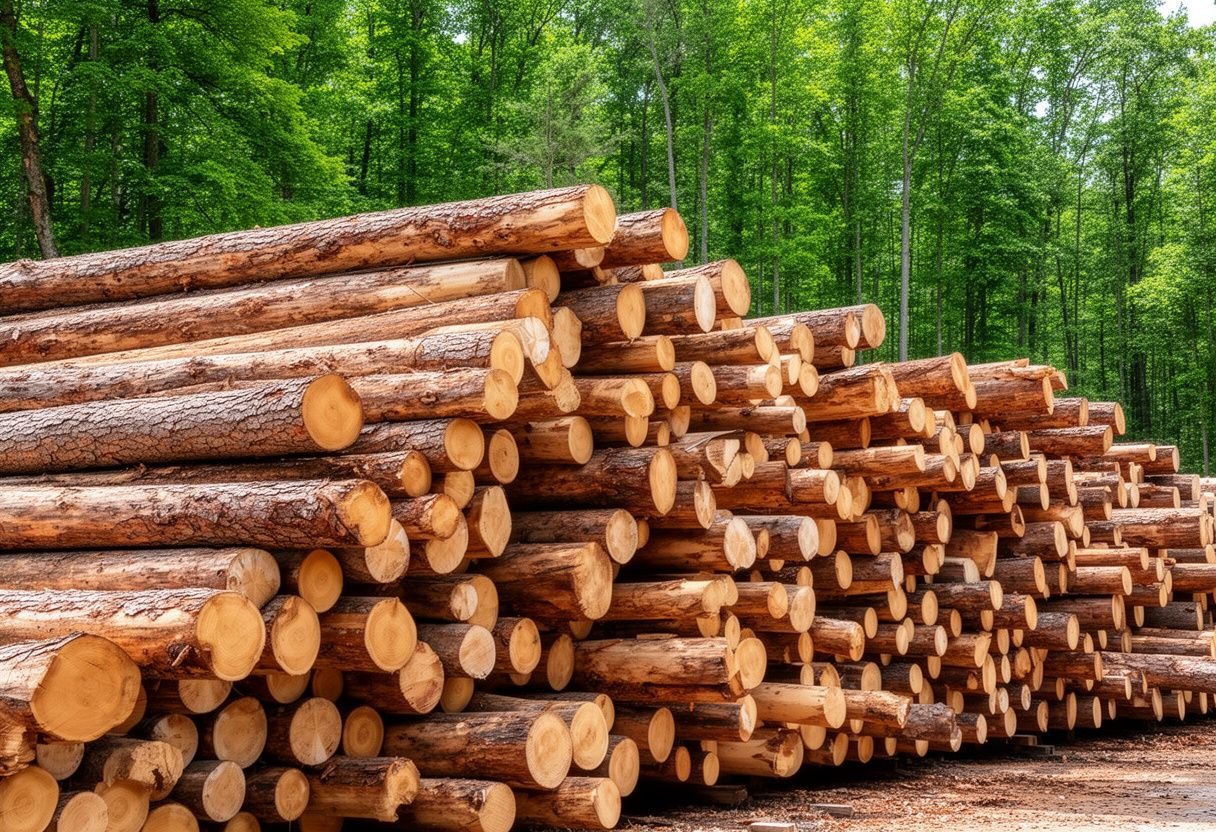 Khúc gỗ tự nhiên tròn xếp đống ngoài bãi gỗ ven rừng