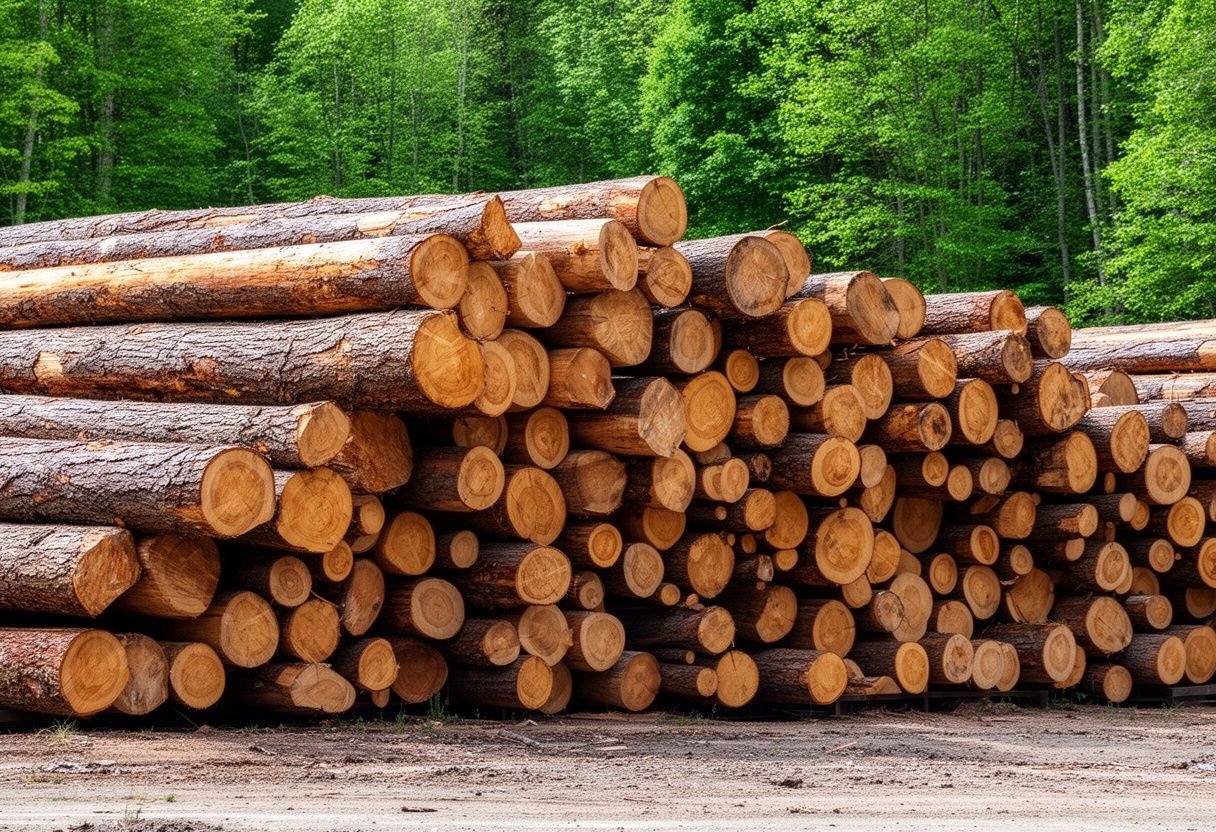 Khúc gỗ tự nhiên tròn xếp đống ngoài bãi gỗ ven rừng
