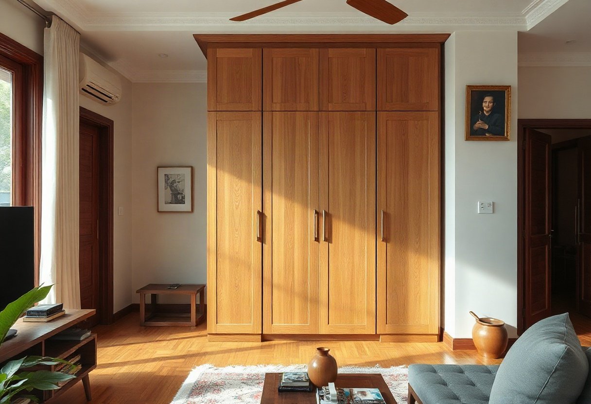 Nhà có tủ quần áo gỗ xoan đào sáng