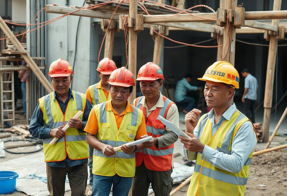 Nhóm thợ thi công đang làm việc chăm chỉ