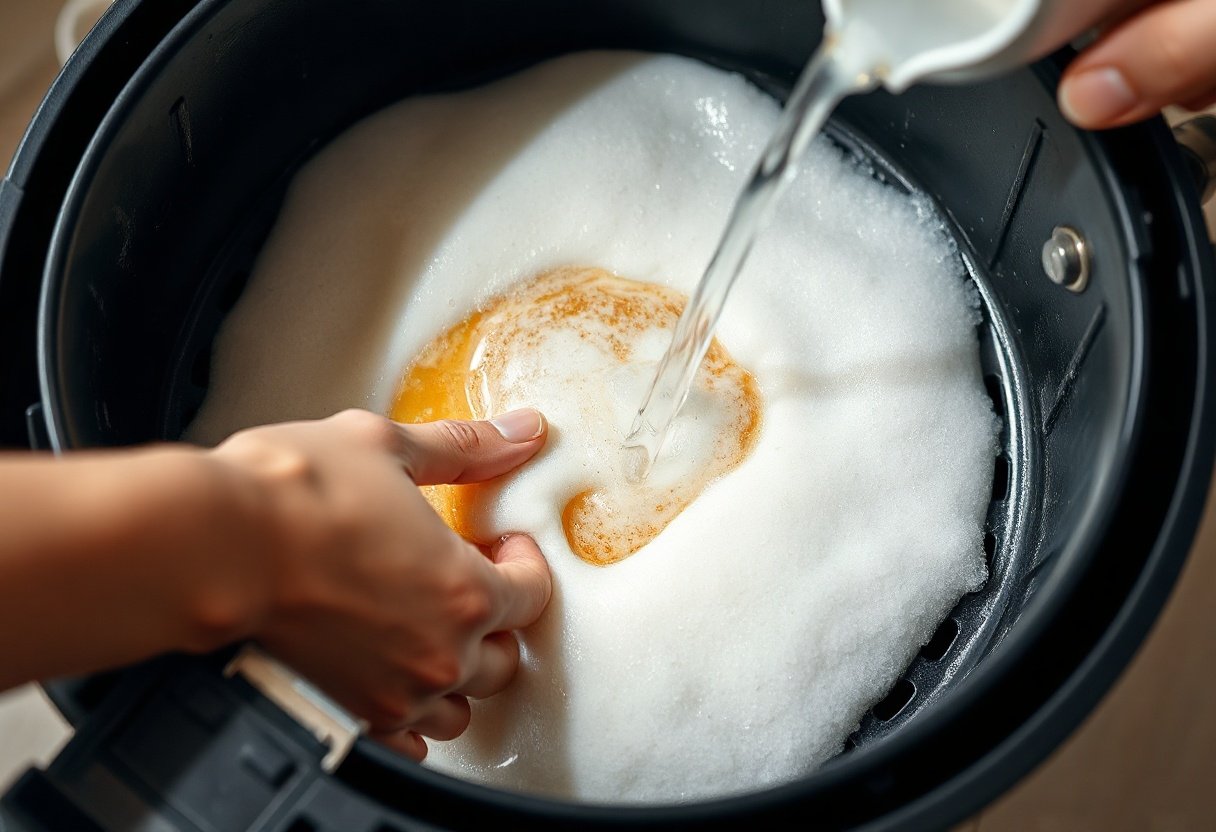 Nước rửa chén và nước ấm làm sạch nồi chiên