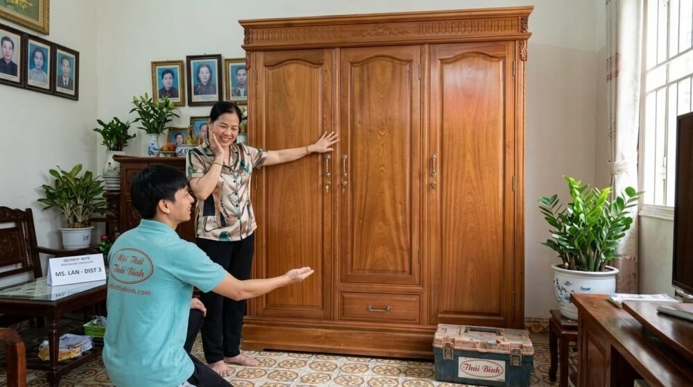 Tủ quần áo 3 cánh gỗ tự nhiên MS 3001 - đóng tại xưởng Thái Bình TPHCM