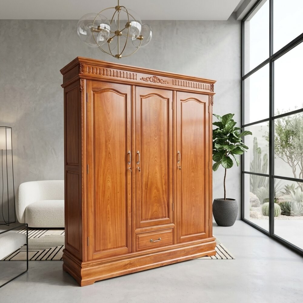 Tủ quần áo 3 cánh gỗ tự nhiên MS 3001 - nhìn tổng thể