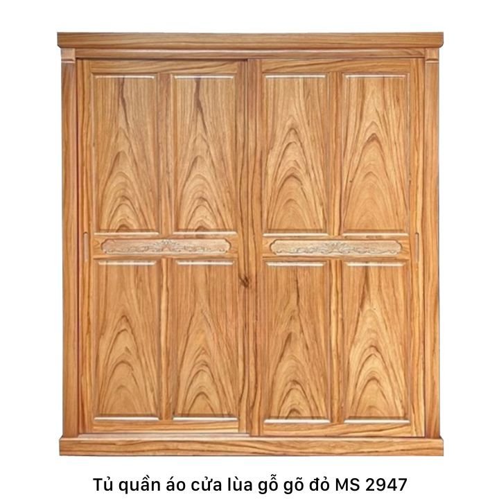 Tủ áo cửa lùa gỗ gõ đỏ cao cấp Tủ quần áo cửa lùa gỗ tự nhiên vân gõ MS 2947 - bề mặt hoàn thiện
