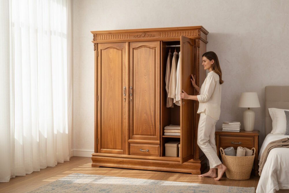 Tủ quần áo 3 cánh gỗ tự nhiên thiết kế hiện đại Tủ quần áo 3 cánh gỗ tự nhiên MS 3001 - kỹ thuật đóng mộng chắc chắn