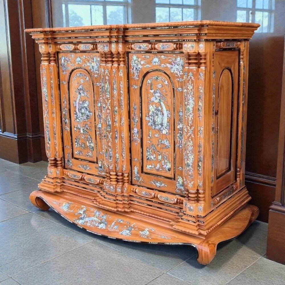 Tủ thờ gỗ Gõ Đỏ cẩn xà cừ cao cấp 15 trụ sang trọng