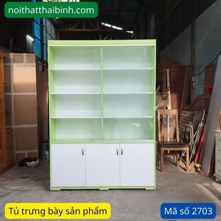 Tủ trưng bày sản phẩm đẹp màu xanh