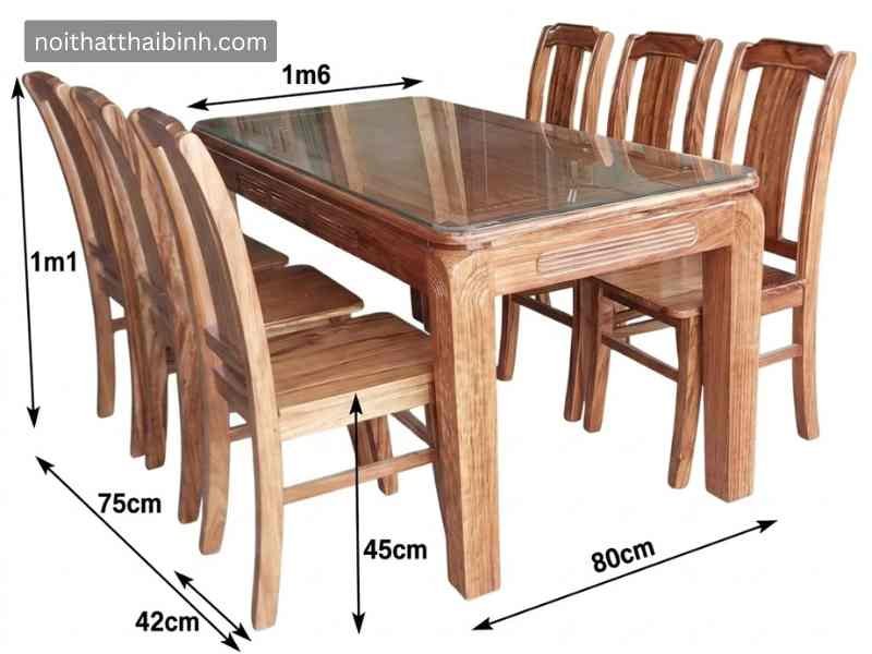 Kích thước bộ bàn ăn 6 ghế gỗ hương xám 1m6 tại TPHCM