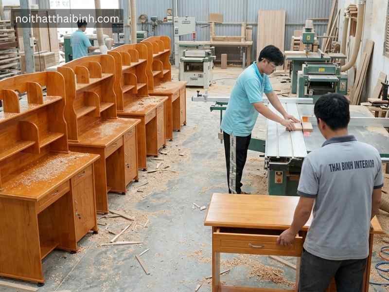 Bàn Học Có Kệ Sách Cho Bé Gỗ Cao Su Tự Nhiên tại xưởng mộc Thái Bình