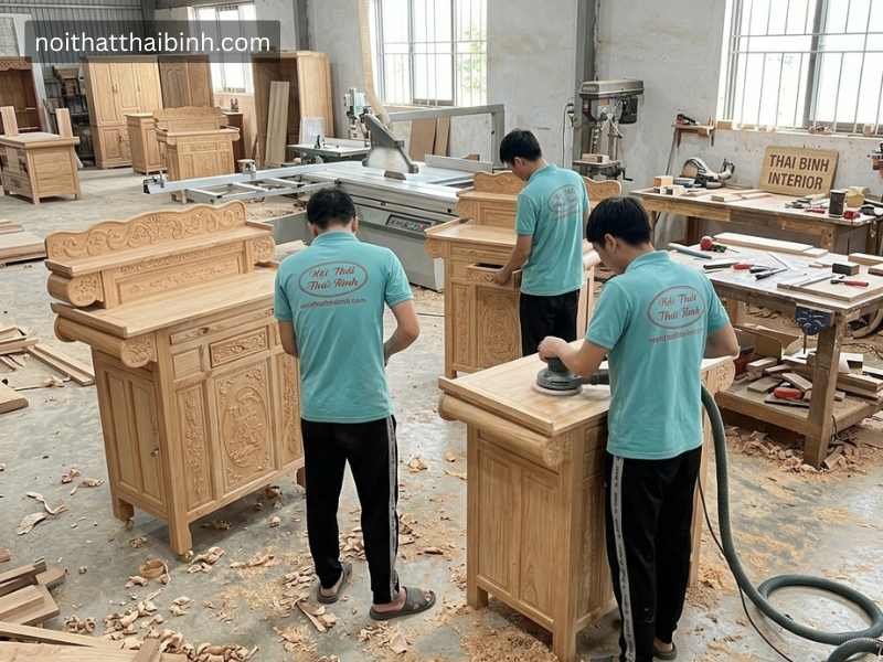 Bàn thờ hai tầng gỗ tự nhiên tại xưởng mộc Thái Bình