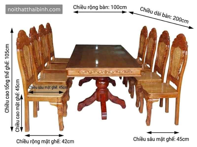 Kích thước bộ bàn an gỗ căm xe gõ 8 ghế