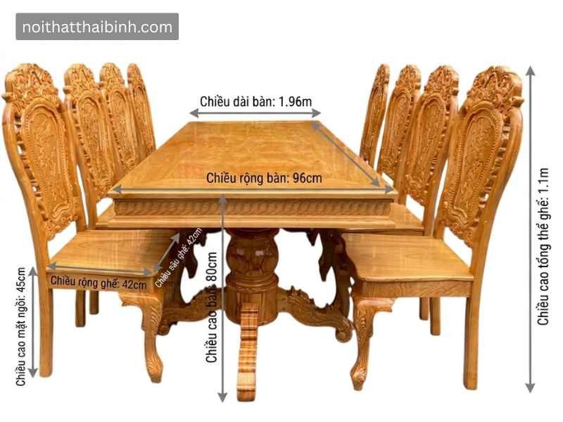 Kích thước bộ bàn ăn gỗ gõ đỏ 8 ghế