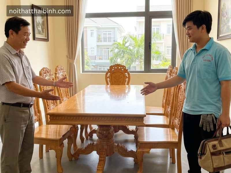 Bộ bàn ăn gỗ gõ đỏ 8 ghế tại nhà Anh Hùng – Quận 7, TPHCM