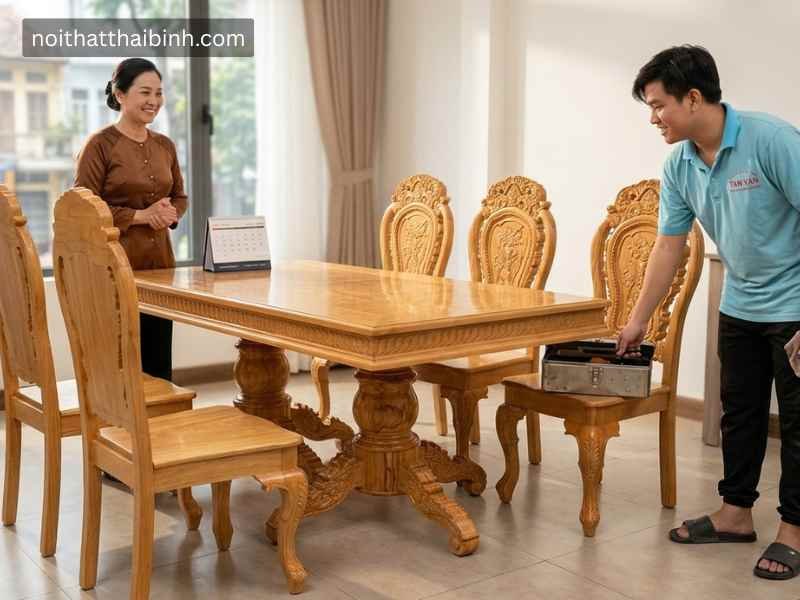 Bộ bàn ăn gỗ gõ đỏ 8 ghế tại nhà Chị Lan – Quận Bình Thạnh, TPHCM