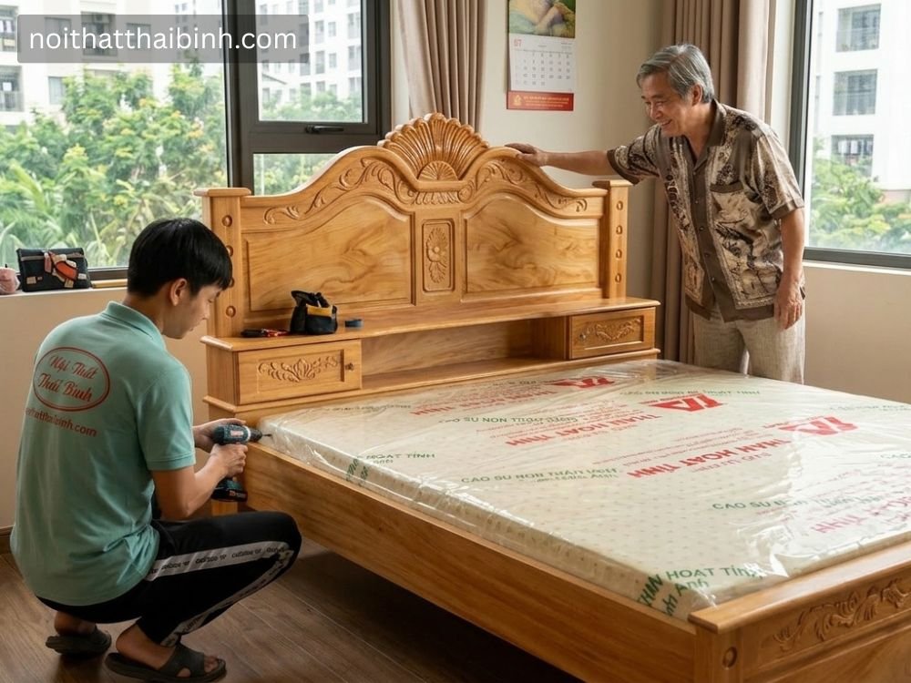 Giường ngủ gỗ gõ đỏ tự nhiên - Mã số 3097