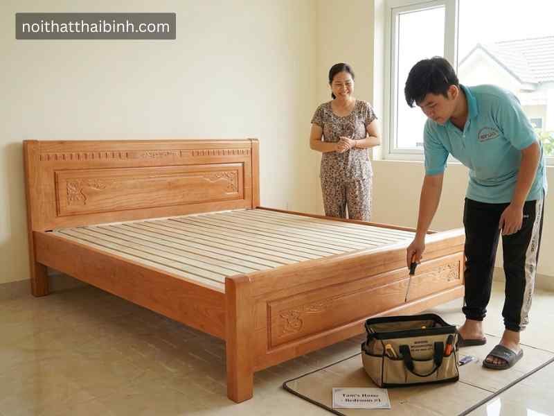 Giường ngủ gỗ xoan đào tại nhà Chị Lan (Thủ Đức, TPHCM)