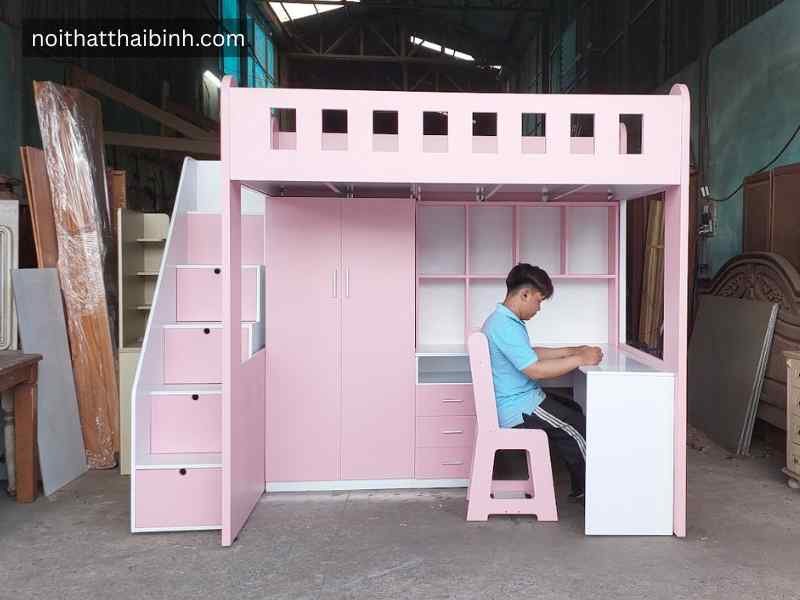 Giường tầng kết hợp bàn học tủ áo mã 2766 màu hồng phối trắng Đồ gỗ Thái Bình