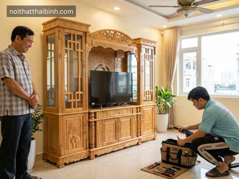Kệ tivi gỗ gõ đỏ kết hợp tủ rượu tại nhà Anh Tuấn (Quận 7, TPHCM)