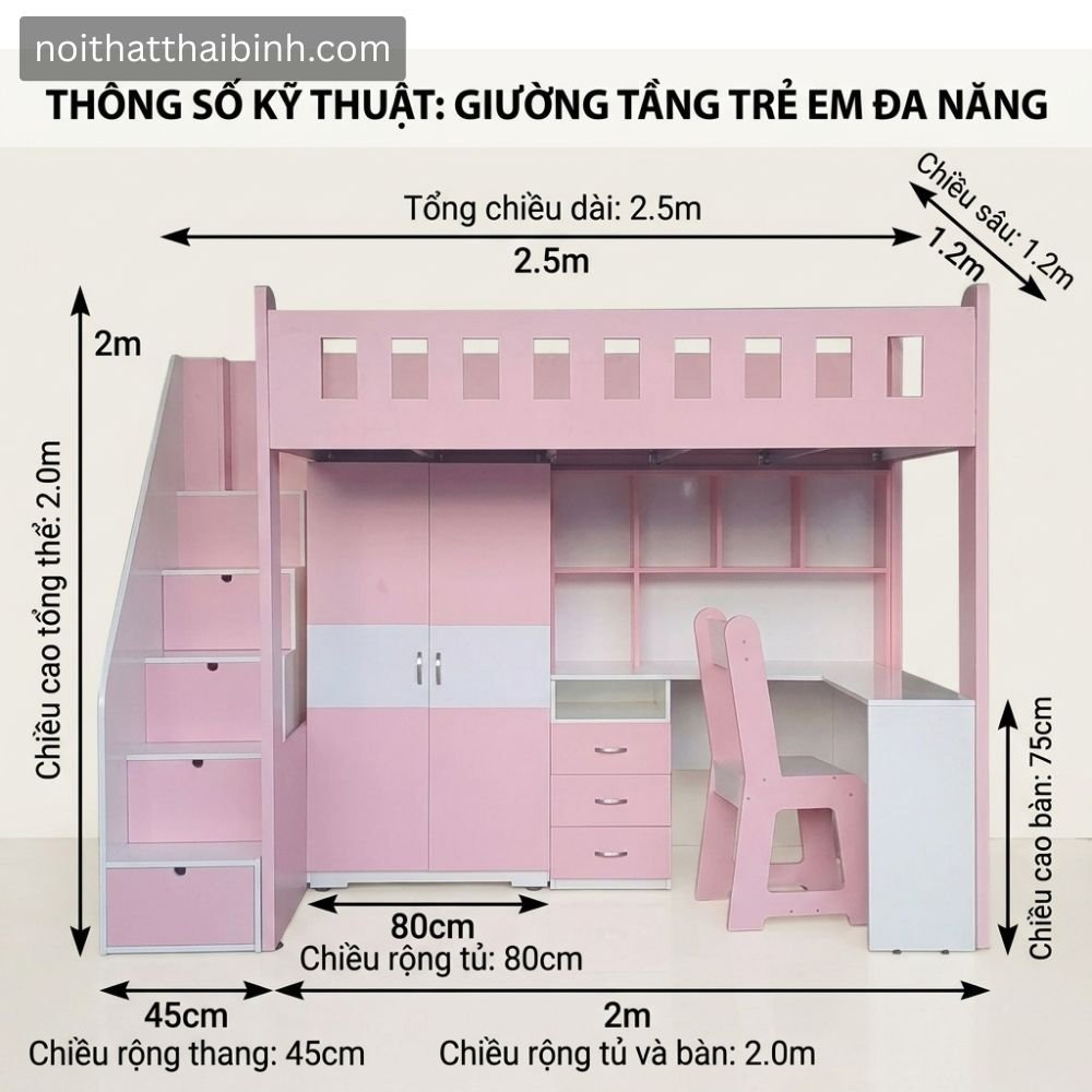 Kích thước 1m2 1m4 1m6 giường tầng kết hợp bàn học tủ áo Đồ gỗ Thái Bình