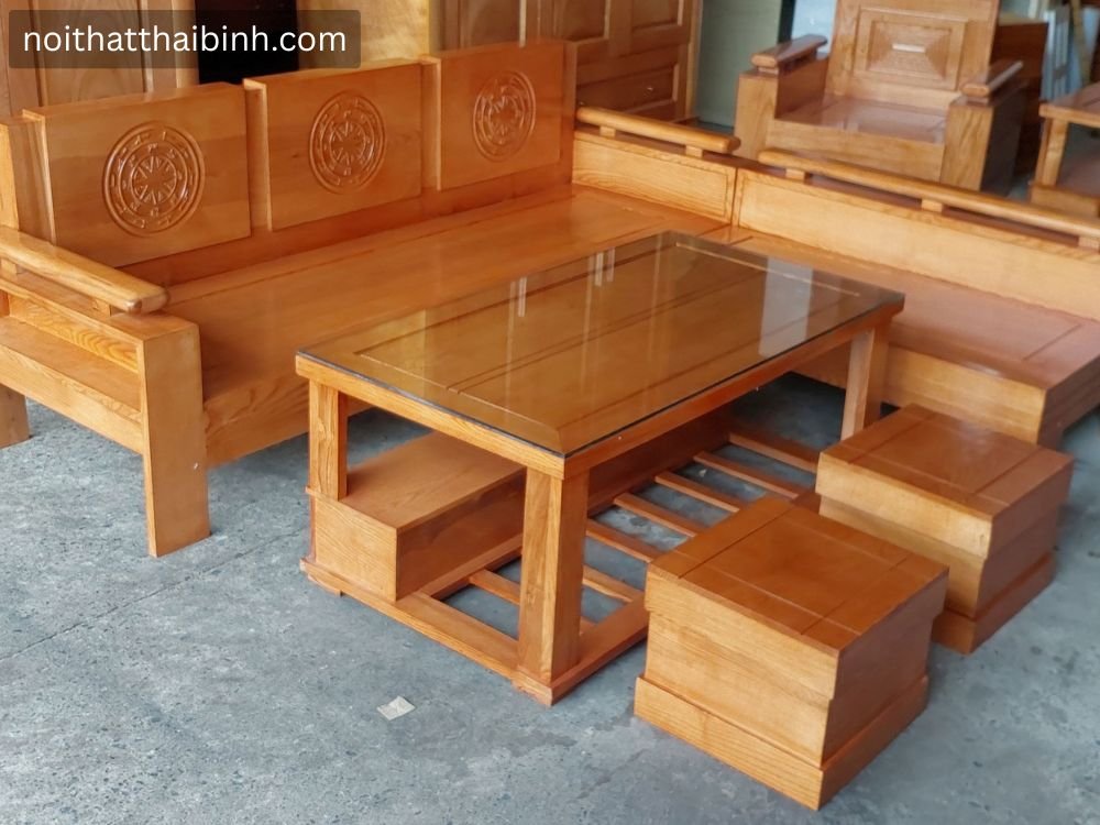 Salon góc gỗ sồi tự nhiên dáng chữ L phòng khách hiện đại
