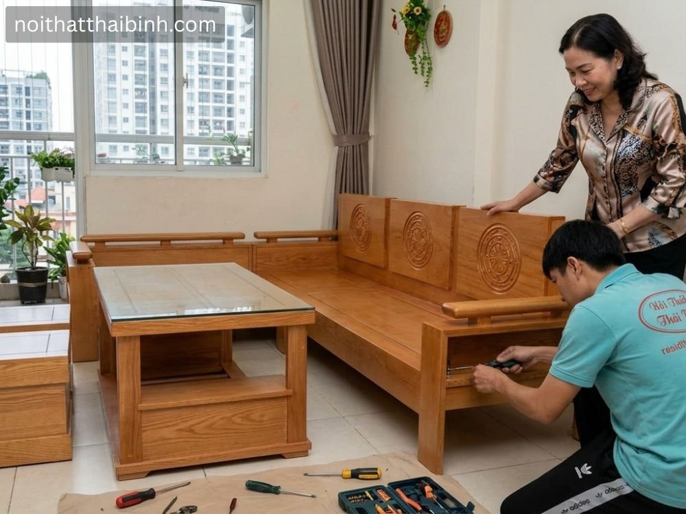 Sofa gỗ tự nhiên hiện đại tại nhà Chị Hương (TP. Thủ Đức, TPHCM)