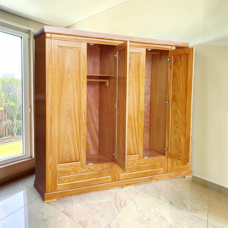 Tủ gõ đỏ 4 cánh tân cổ điển chạm giỏ hoa
