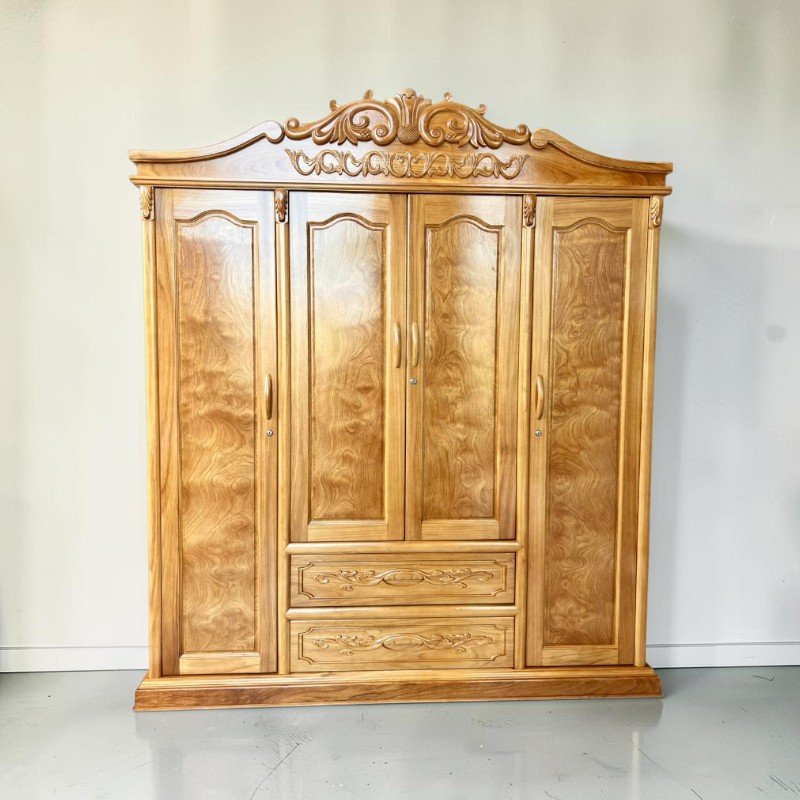 Tủ quần áo gỗ gõ đỏ 4 cánh 3 buồng kịch trần