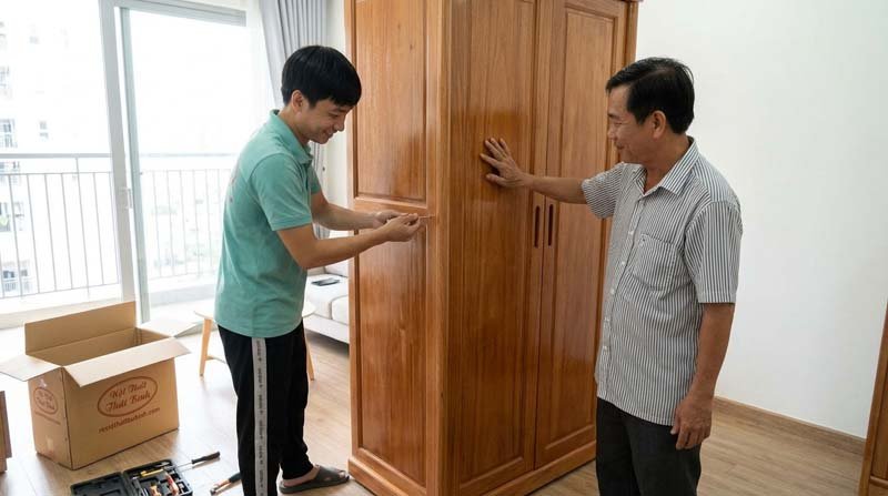 Tủ quần áo gỗ gõ đỏ 4 cánh tại nhà Anh Nguyễn Văn Hậu (Quận 7, TPHCM)