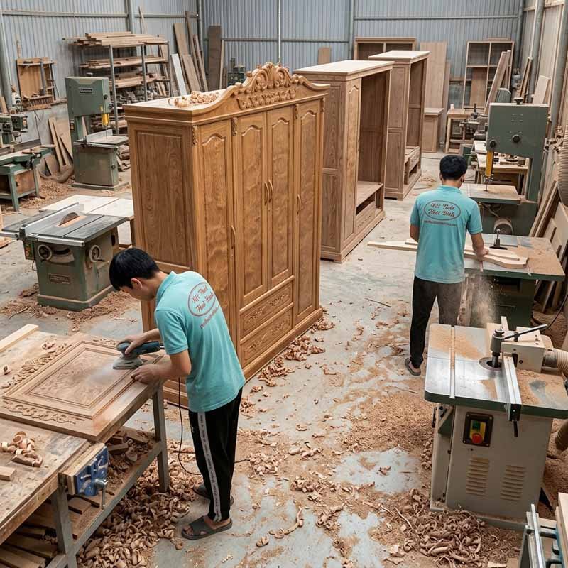 Tủ quần áo gỗ gõ đỏ 4 cánh tại xưởng mộc Thái Bình