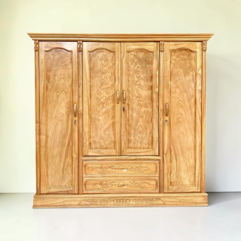 Tủ quần áo gỗ gõ đỏ 4 cánh trơn hiện đại 2m