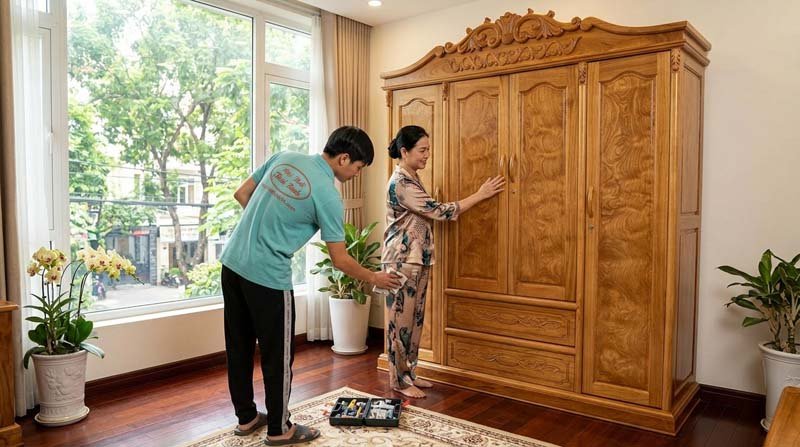 Tủ quần áo gỗ gõ đỏ tại nhà Chị Trần Thị Mai (Quận 8, TPHCM)