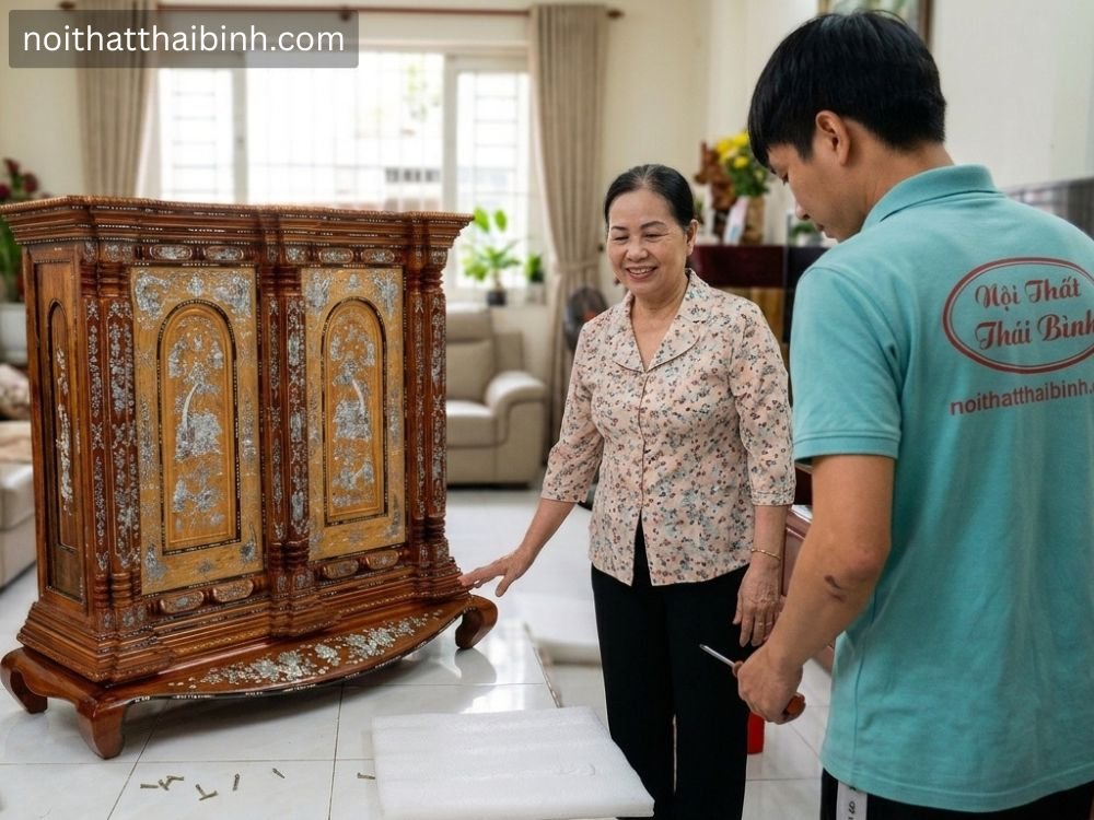 Tủ thờ gỗ căm xe gõ đỏ 9 trụ - Mã số 3382
